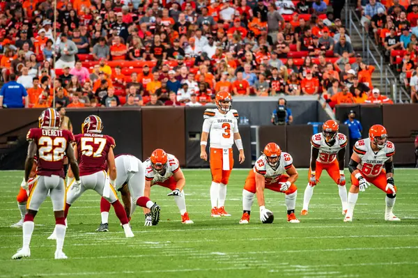 The Browns’ offense at the line against Washington in their first preseason game, Cleveland, August 8, 2019 (not the punt return)