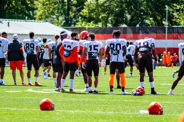 Browns players and helmets on the grass at training camp, Berea, Ohio, August 10, 2019 (No. 15 among them, back to the camera; not the Miami workout)