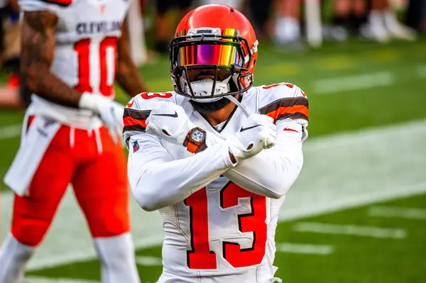Odell Beckham Jr. (No. 13) on the field before the same game, Cleveland, August 8, 2019