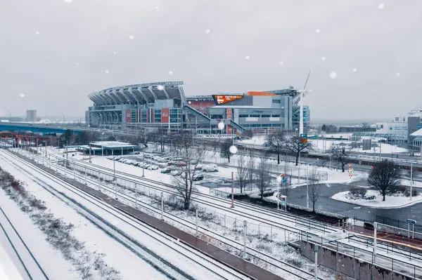 The Browns’ stadium in the snow, Cleveland, March 31, 2019 (his second tryout was in Berea, not here)