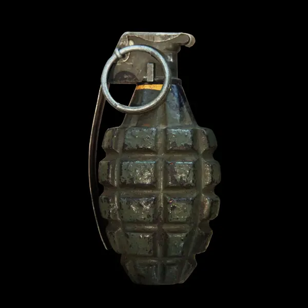 A US Mk 2 hand grenade, the type he carried, in the Musée de l’Armée, Paris, 2018 (not his grenade) (cropped)