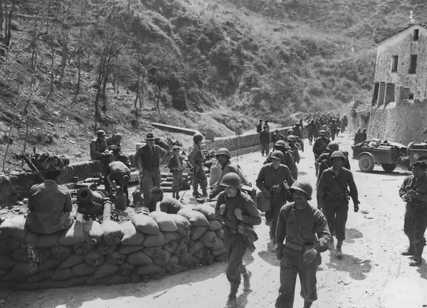 The sandbagged 75mm howitzer of Cannon Company, 442nd, at Prato, Italy, April 9, 1945 (not the bunker he attacked)