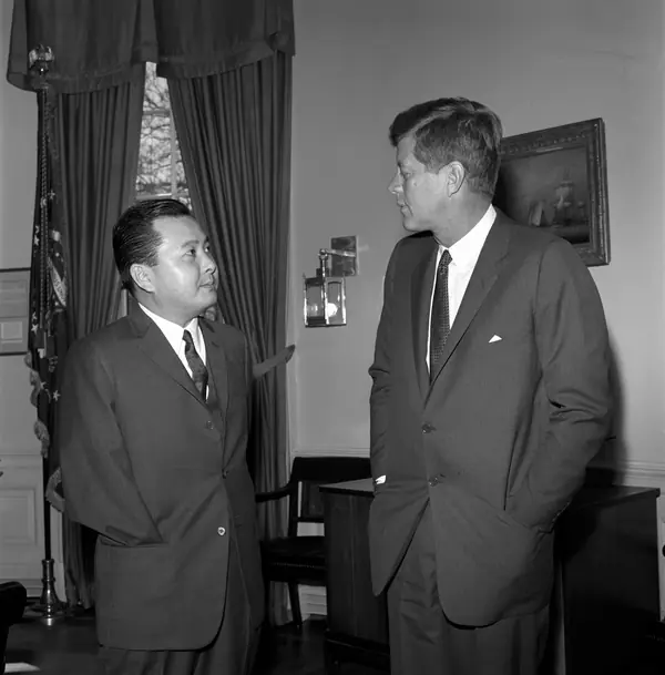 Representative Daniel K. Inouye with President John F. Kennedy in the Oval Office, April 10, 1962