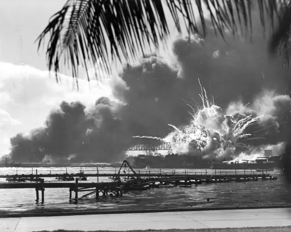 USS Shaw explodes during the attack on Pearl Harbor, December 7, 1941