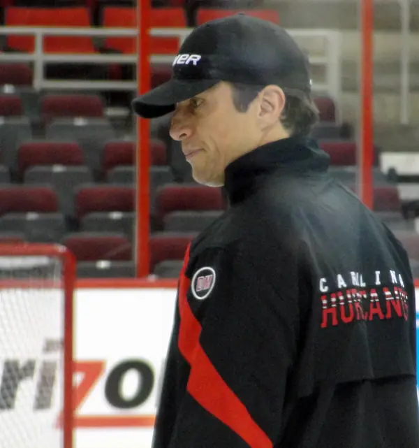Rod Brind’Amour, then a Carolina assistant coach, at the morning skate in Raleigh, December 3, 2011