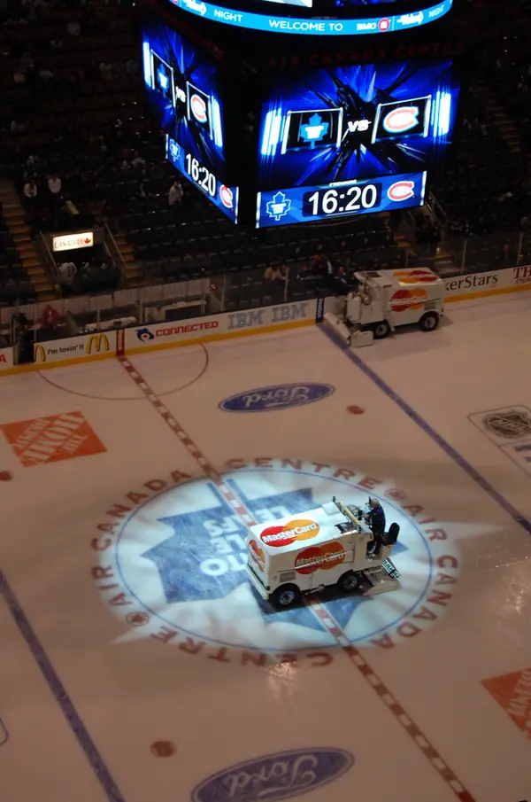 A Zamboni prepares the ice before the opening game at the Air Canada Centre, now Scotiabank Arena, Toronto, October 11, 2008 (the driver is not identified)