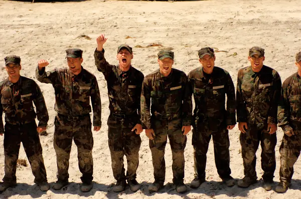 Trainees turn to face their instructors as Hell Week ends, Coronado, August 2004 (not Goggins)