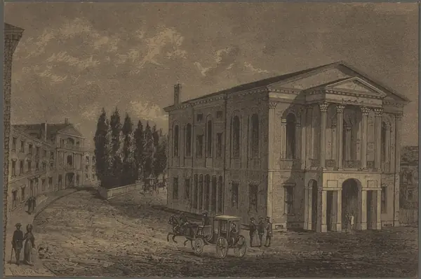 The Federal Street Theatre (the First Boston Theatre), where her 1802 lectures opened; engraving published 1898