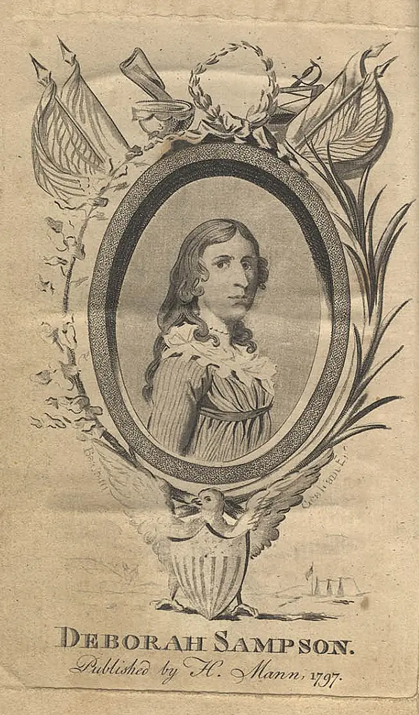 The frontispiece of The Female Review, Herman Mann’s 1797 book about her, “Deborah Sampson, published by H. Mann, 1797”