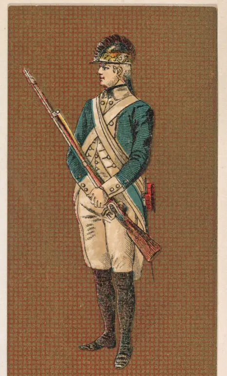 “American Light Infantry, 1782,” a Kinney Brothers tobacco card, 1888 (not Sampson)