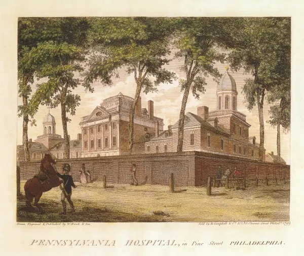 The Pennsylvania Hospital, Pine Street, Philadelphia, engraving by William Birch & Son, 1799 (not known to be where she was treated)