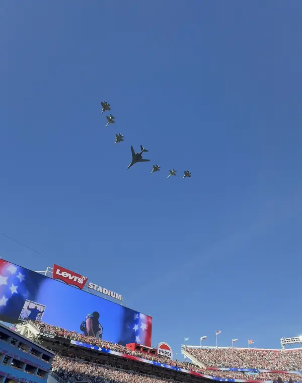 The flyover during the national anthem at Super Bowl LX, Levi’s Stadium, Santa Clara, February 8, 2026 (game day, not the strip-sack)