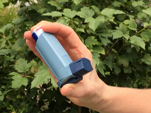A hand holding an asthma inhaler, August 23, 2016 (not his)