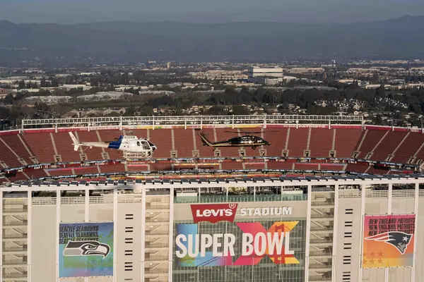 Levi’s Stadium with its Super Bowl LX signage, from a CBP security flight, Santa Clara, February 3, 2026 (five days before the game)