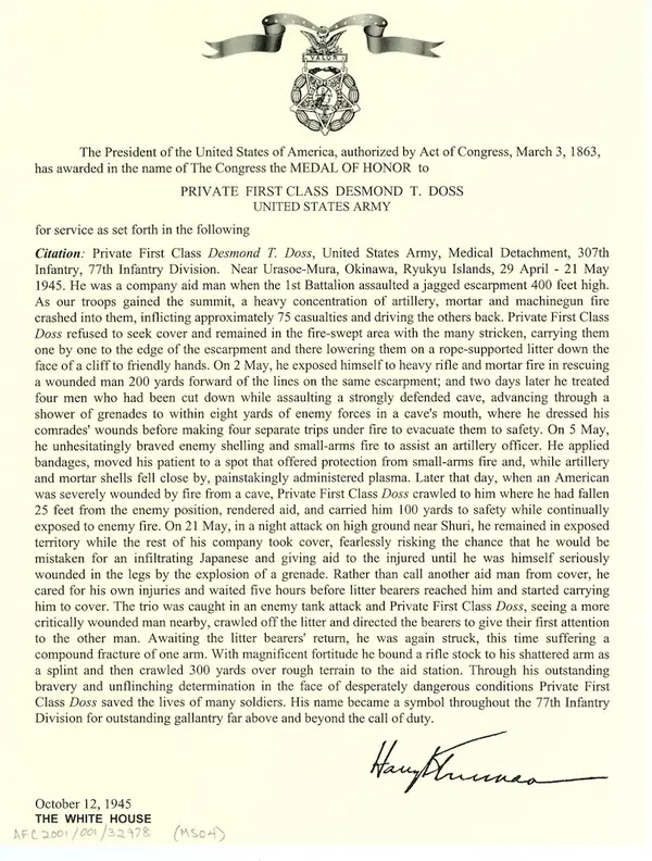 Desmond T Doss Medal of Honor
