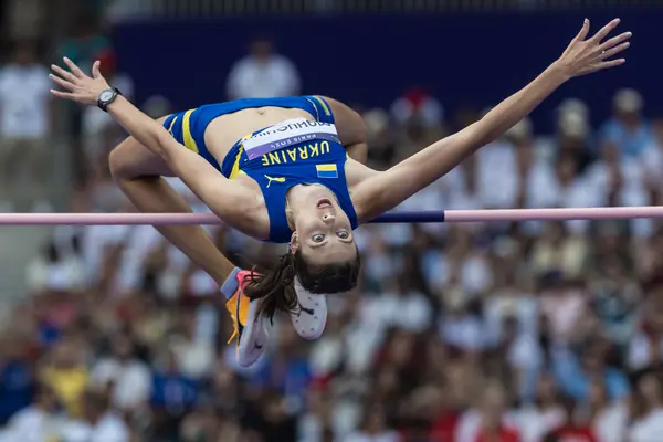 Yaroslava Mahuchikh of Ukraine doing the flop at the Paris 2024 Olympics