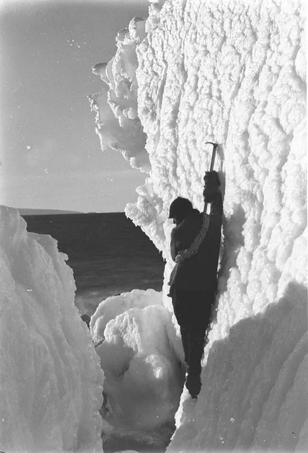 Xavier Mertz in an icy ravine near the hut, 1912 (not Mawson’s fall)