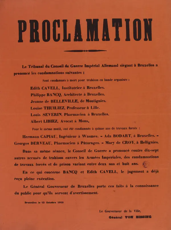 The German proclamation of the sentences on Cavell, Baucq and others, Brussels, October 1915