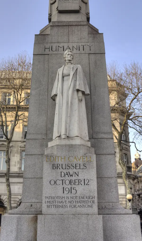 Statue of Edith Cavell by George Frampton (1920) on the Edith Cavell Memorial, London, 2015