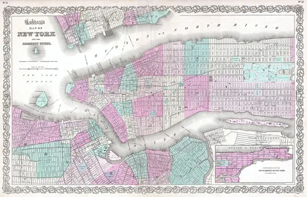 J. H. Colton’s map of New York and the adjacent cities, 1863, with Jersey City