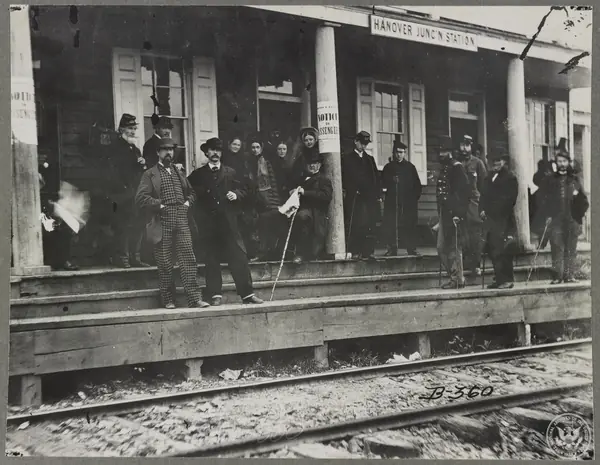 A crowd waiting on the platform at Hanover Junction, Pennsylvania, 1863 (not Jersey City)