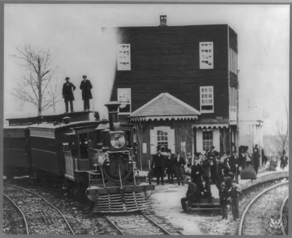 Hanover Junction station, Pennsylvania, with a locomotive, 1863 (not Jersey City)
