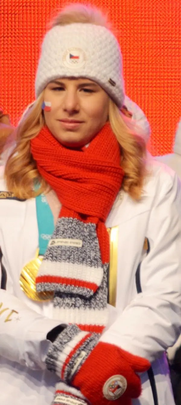 Ester Ledecká at the welcome home in Prague the same evening, February 26, 2018 (cropped)