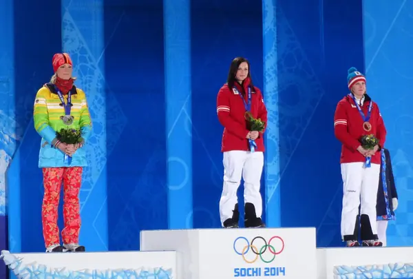 Anna Veith (then Fenninger), center, on the Sochi 2014 super-G medal podium, February 15, 2014 (not PyeongChang)
