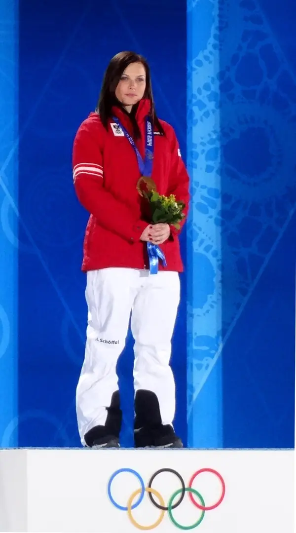 Anna Veith (then Fenninger) at the Sochi 2014 super-G medal ceremony, February 15, 2014 (not PyeongChang)