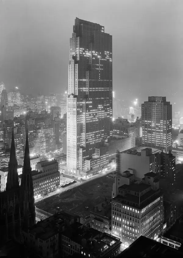 Rockefeller Center and the RCA Building at night, photographed by Samuel H. Gottscho, December 5, 1933