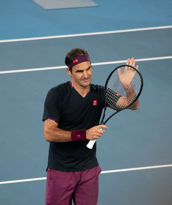 Roger Federer after his first-round win at the Australian Open, Melbourne, January 20, 2020 (cropped)