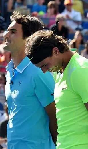 Roger Federer and Rafael Nadal at Arthur Ashe Kids’ Day, Queens, New York, August 28, 2010 (cropped; not the 2022 farewell)