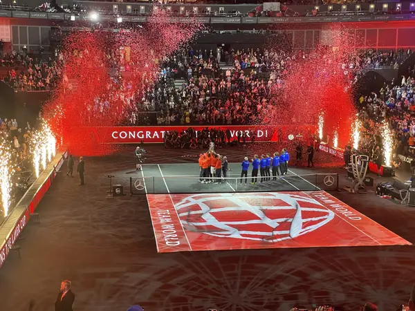 The O2 Arena, London, at Team World’s trophy celebration on the last day of the 2022 Laver Cup, September 25, 2022 (not Federer’s farewell)