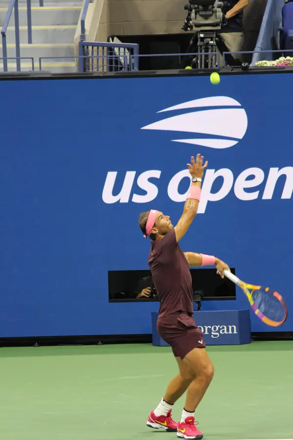 Rafael Nadal serving in Arthur Ashe Stadium at the US Open, August 30, 2022 (not the Laver Cup)