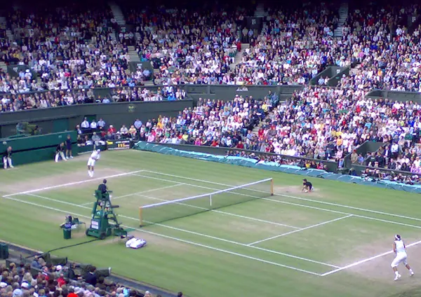 Federer serves for the third set against Nadal in the Wimbledon final, Centre Court, July 6, 2008