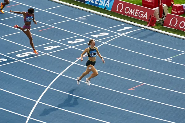 Femke Bol finishing the 400-meter hurdles at the Kamila Skolimowska Memorial, Chorzów, August 25, 2024