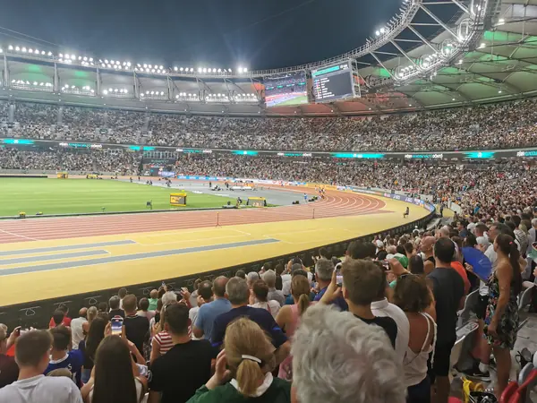 The National Athletics Centre, Budapest, at night from the stands, August 27, 2023 (not the mixed relay)