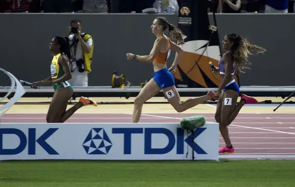 The women’s 4×400-meter final, Budapest, August 27, 2023: Jamaica’s Stacey Ann Williams ahead, Femke Bol, and Britain’s Nicole Yeargin behind