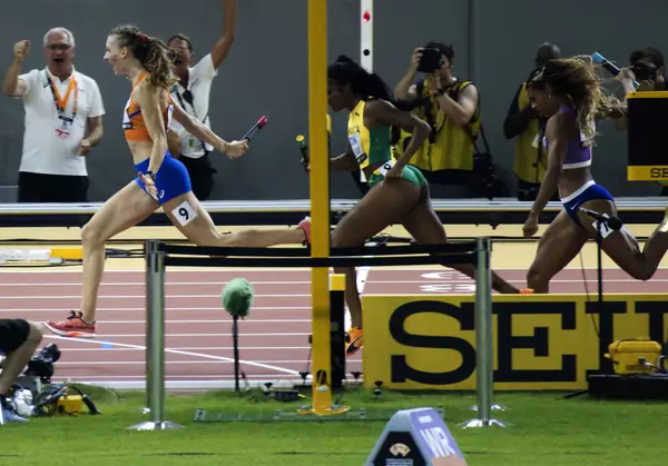 Femke Bol at the finish of the women’s 4×400-meter final, Budapest, August 27, 2023