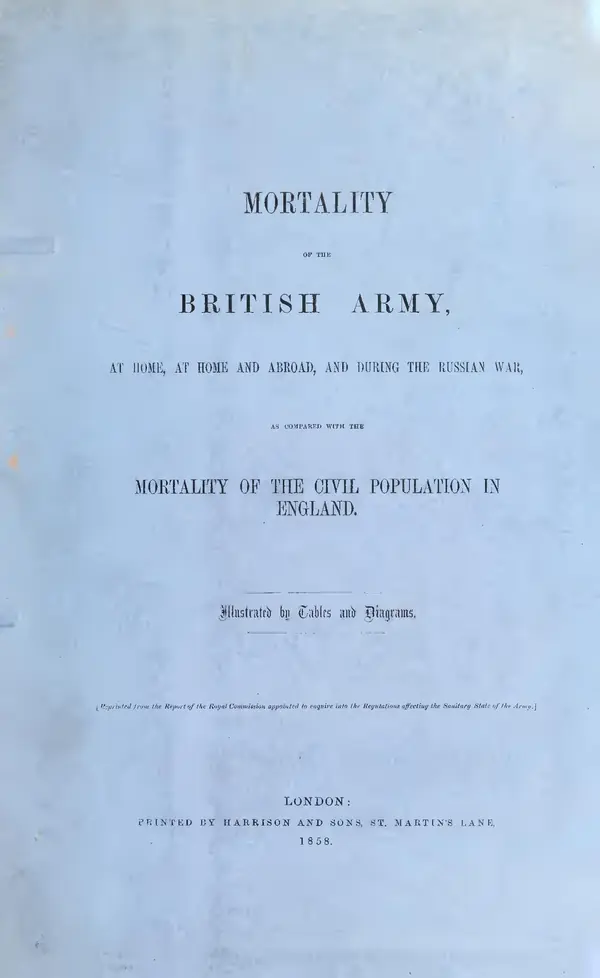 The cover of Mortality of the British Army, illustrated by tables and diagrams, London, 1858