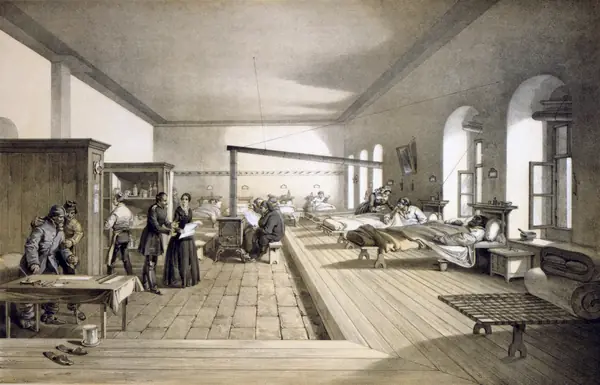 One of the wards of the hospital at Scutari, a lithograph after William Simpson, 1856 (after the reforms)