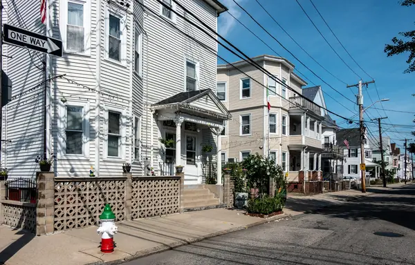 Houses on Federal Hill, Providence, with a hydrant painted in the colors of the Italian flag, July 25, 2020
