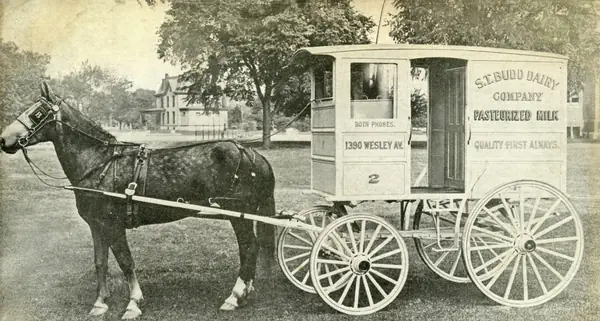 A milk wagon of the S. T. Budd Dairy on a postcard, Columbus, Ohio, 1914 (not his father’s)