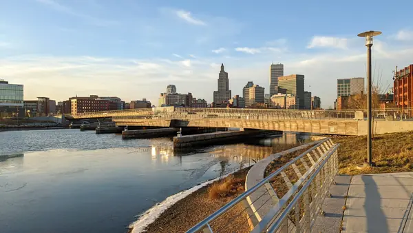 Providence from the pedestrian bridge at dusk, January 12, 2022