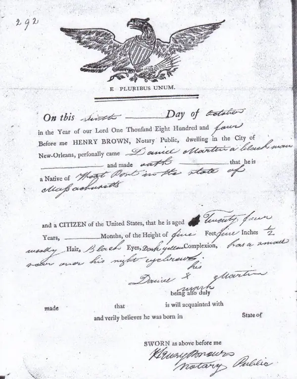 The seaman’s protection certificate of Daniel Martin, New Orleans, October 6, 1804, with the American eagle at its head (not the papers Douglass carried)