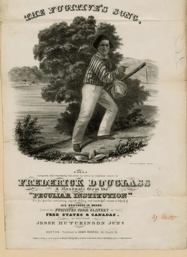 “The Fugitive’s Song,” sheet music dedicated to Douglass and showing him as a fugitive, lithograph by E. W. Bouvé, 1845 (not the clothes he wore)