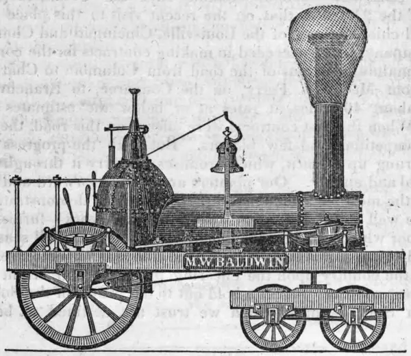 A Baldwin 4-2-0 locomotive, from an M. W. Baldwin advertisement in the American Railroad Journal, August 15, 1838 (not his train)