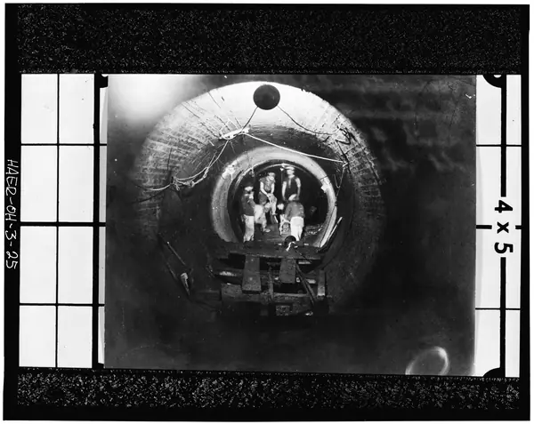 Photocopy of original photograph in collection of John Nash, Cleveland Water Department showing nine foot tunnel under Lake Erie for water supply. location is a Crib -1. photo HAER OHIO,18-CLEV,18-26