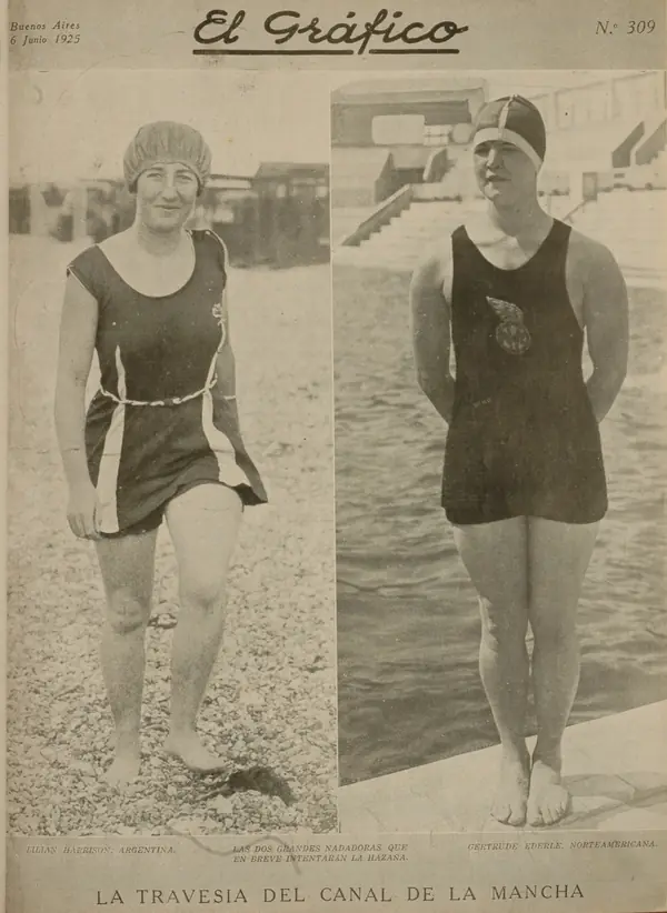 Lilian Harrison (left) and Gertrude Ederle on the cover of El Gráfico, June 6, 1925: “La travesía del canal de la Mancha”