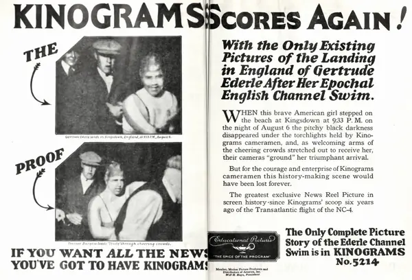 Kinogram newsreel advertisement with the landing photos, The Film Daily, August 20, 1926